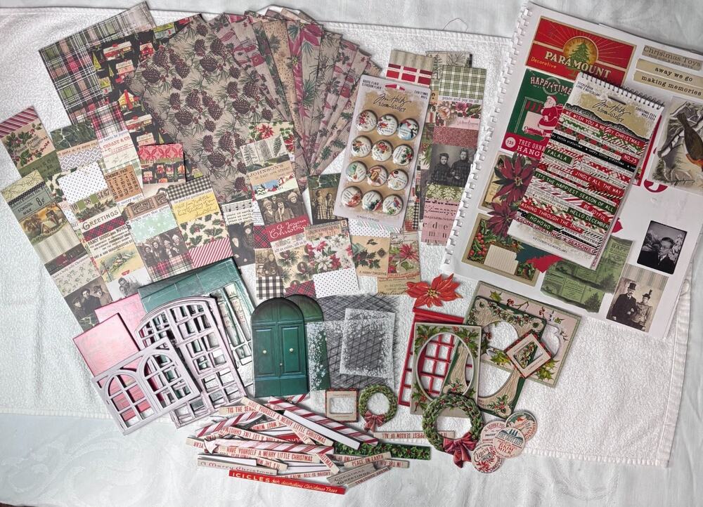 Bundle of Tim Holtz Christmas Craft Supplies: paper, flair, chipboard, collage